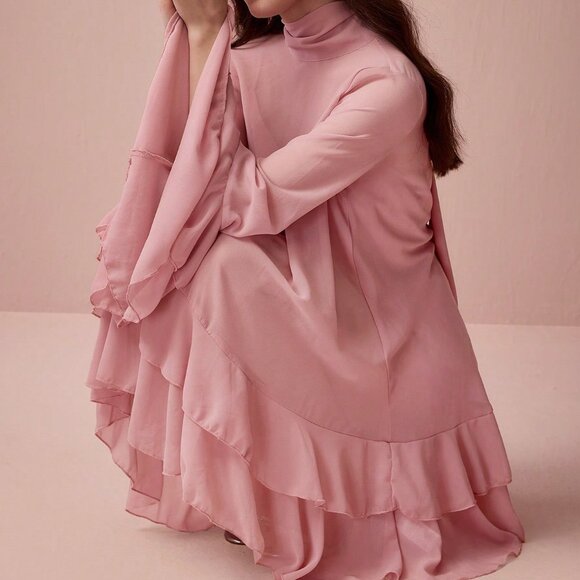 Pink Elegant Women's Ruffle Flared Sleeve Dress - Picture 6 of 7